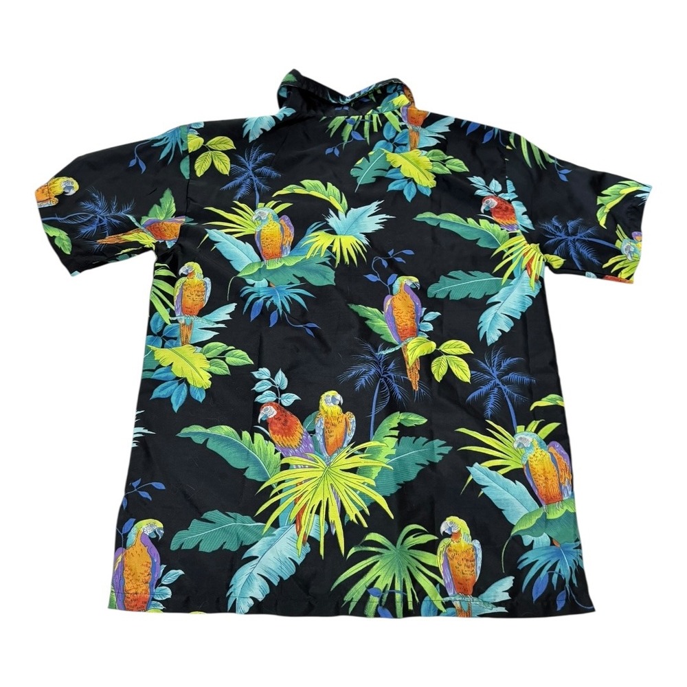 Mia's Shirt Mens Small Cayman Islands Parrot Tropical Hawaiian Black Button Down